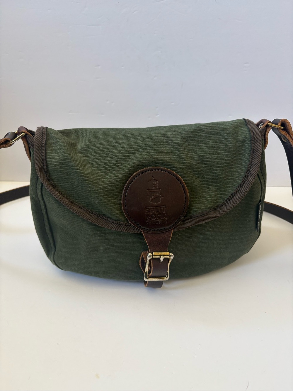 Duluth Pack Canvas Shell Purse Bag Green Brown Trim Leather Belt Split Rock Logo